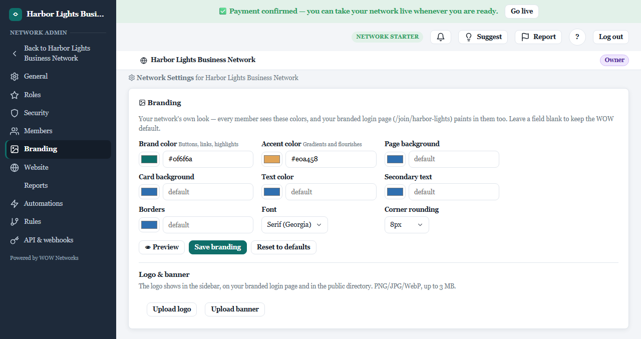 The Branding settings panel with custom brand colors, font and corner rounding