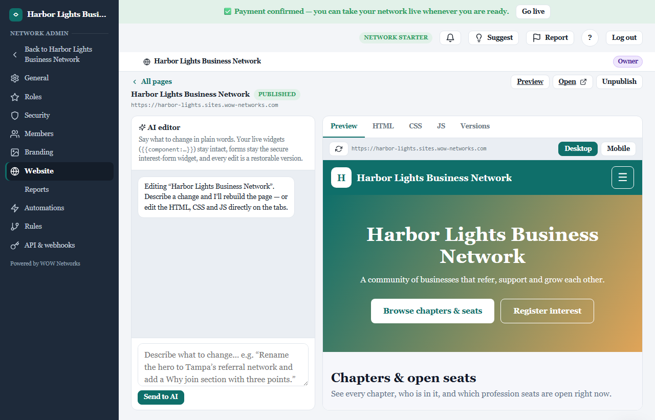 The built-in AI website editor, with a chat panel beside a live preview of the network's homepage