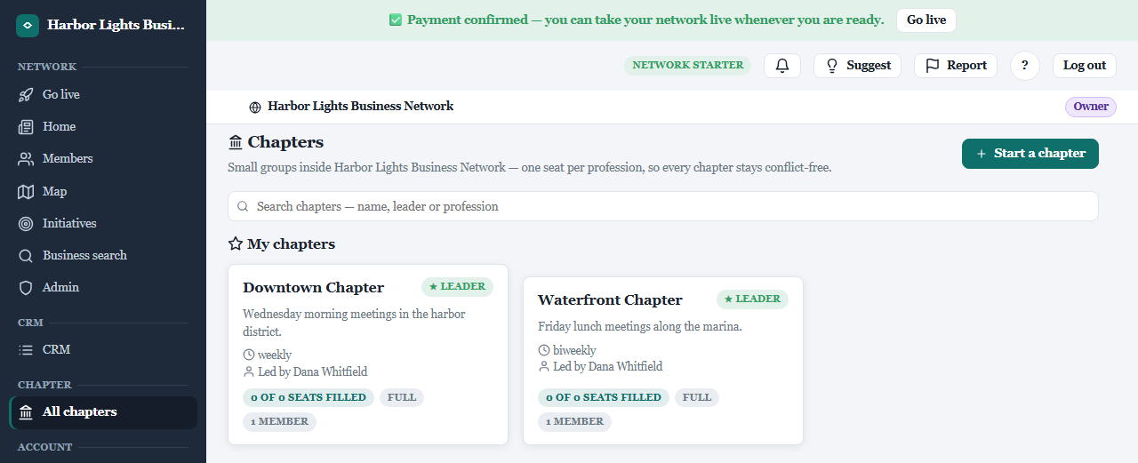 The Chapters page, listing two chapters with their leaders and seats