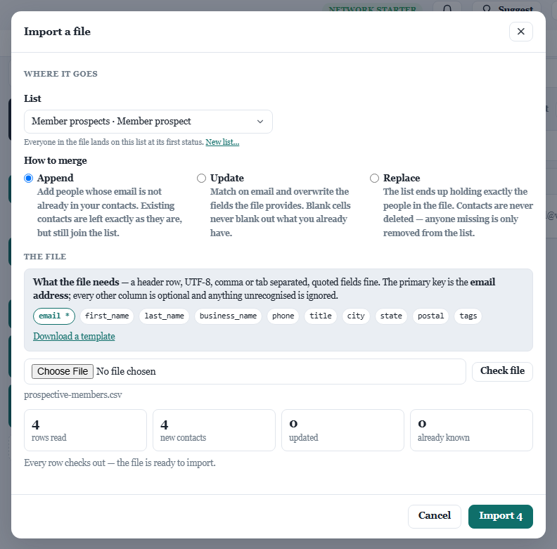 The CRM's import dialog, checking a file of prospective members before adding them to a list