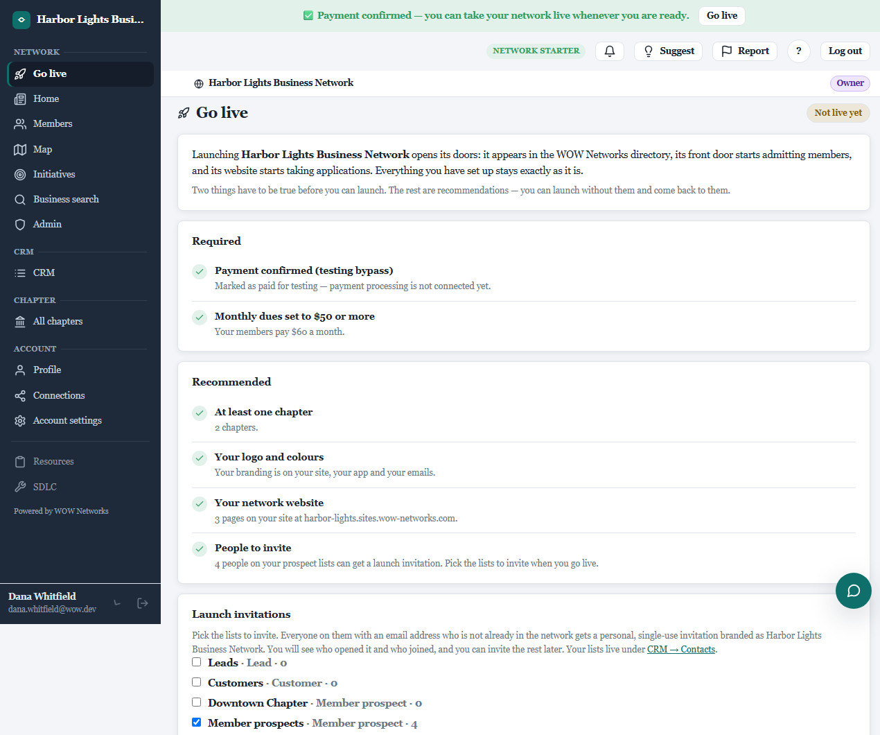 The Go-live page with a prospect list picked, ready to send launch invitations