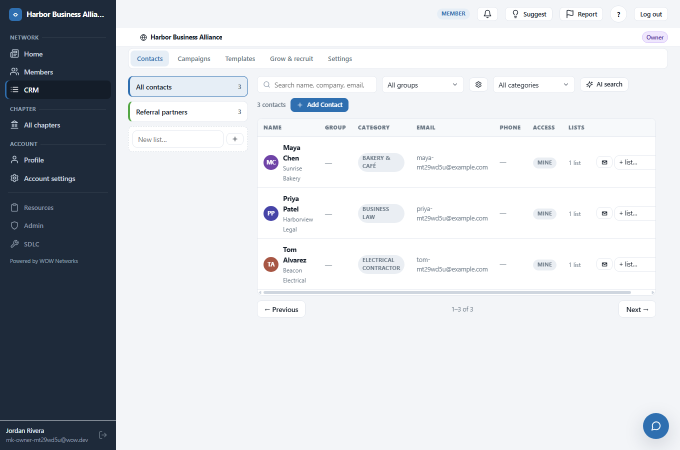 The CRM contacts page with clients, prospects and shared lists